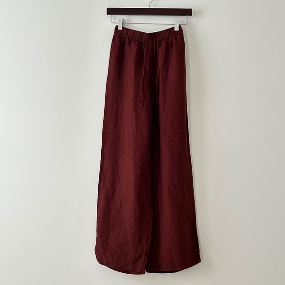H&M Burgundy Rust Brown Linen Blend Drawstring Wide Leg Pants - Picture 1 of 16